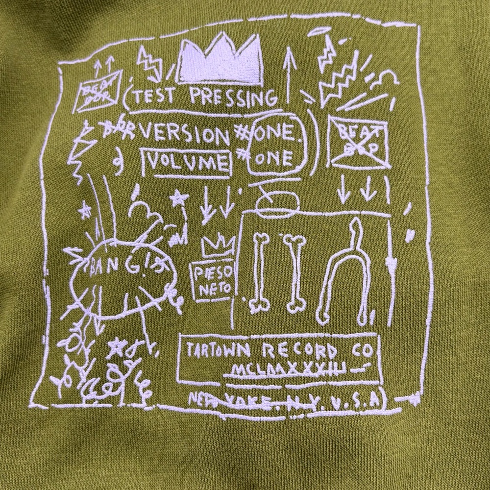 Jean-Michel Basquiat Tartown Record Spell out Hoodie Olive Green Med Urban - Picture 3 of 8